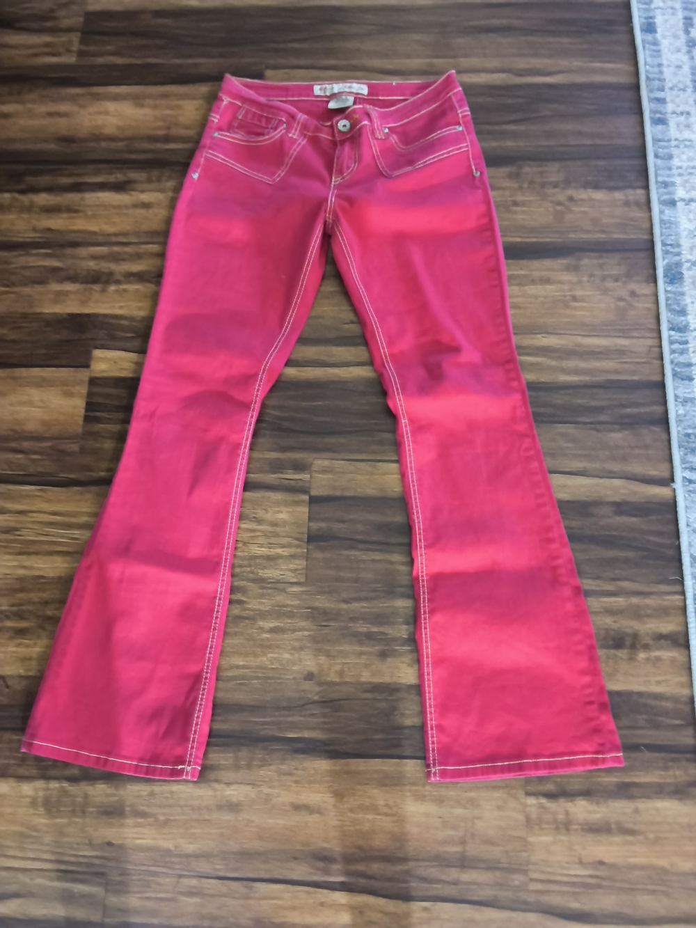 Women’s Red Bootcut Jeans with Contrast Stitching